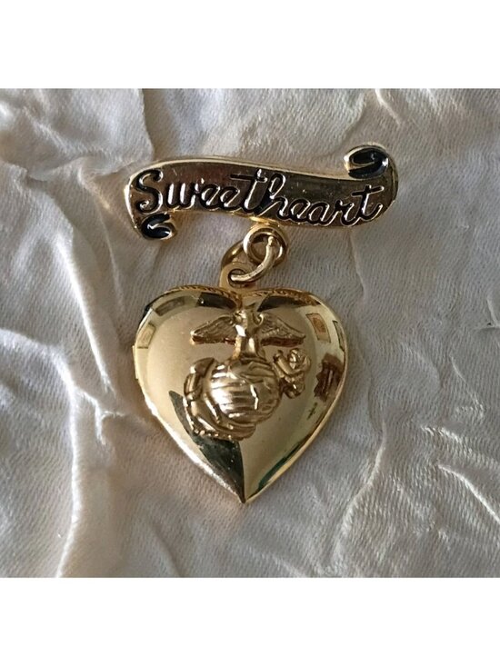 Marine Corps Jewelry - Vintage Gold Tone Marine Corps Sweetheart Heart Locket Dangle Brooch Pin USMC